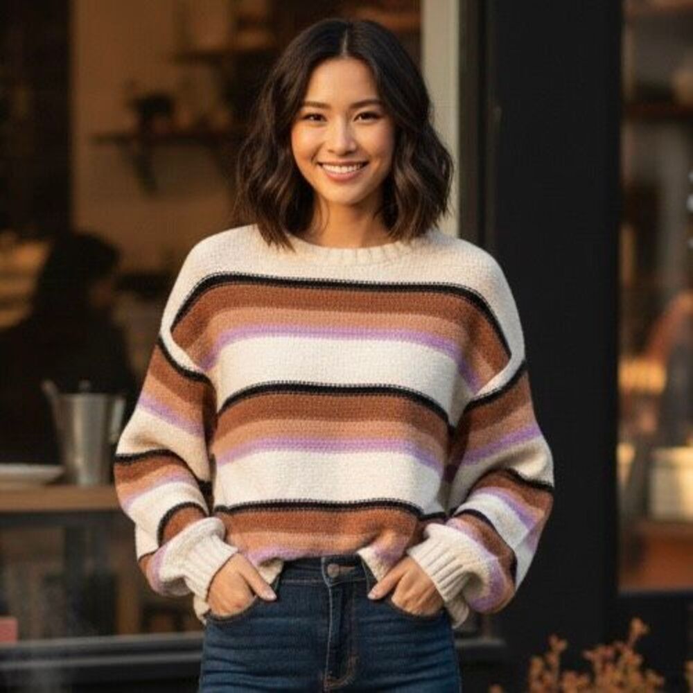Billabong Striped Knit Sweater Cream‎ Brown Purple Crewneck Size Large